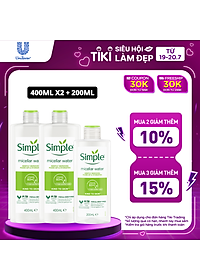 Combo 2 Nước tẩy trang Simple Micellar làm sạch 99% trang điểm, cho da thoáng mịn tức thì 400ml x2 Tặng kèm nước tẩy trang Simple 200ml [CHAI LỚN…