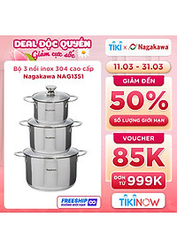 Bộ 3 Nồi Inox 304 Đáy Từ 5 Đáy Nagakawa NAG1351 (16cm, 20cm, 24cm) – Hàng Chính Hãng