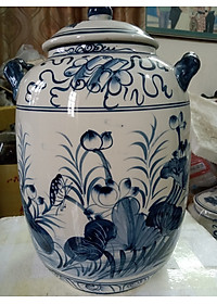 Hũ đựng gạo gốm sứ Bát Tràng vẽ cá chép loại 15L
