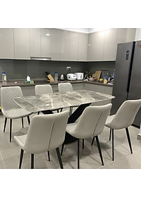 Bộ bàn ăn mặt đá Ceramic bóng chân chéo chữ X kết hợp ghế Nelson trám