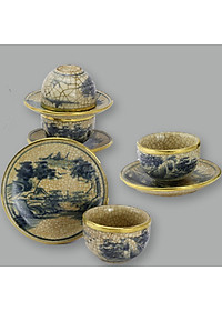 Bộ ấm chén men rạn bọc đồng gốm sứ Bát Tràng (bộ bình uống trà, bình trà)