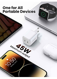 Ugreen UG15327CD294TK 45W 2C GaN chuẩn cắm EU chân tròn Màu Trắng Củ sạc nhanh 2 cổng USB-C - HÀNG CHÍNH HÃNG