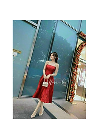 Đầm xoè 2 dây hoa gấm cao cấp