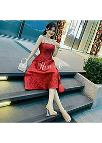 Đầm xoè 2 dây hoa gấm cao cấp