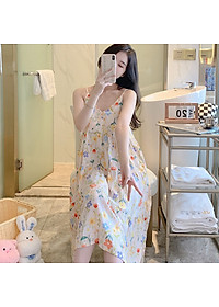 Váy 2 dây cho nữ mặc nhà vải lanh mềm mát, dáng xòe, nhiều họa tiết, freesize từ 45 đến 75 kg