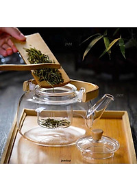 Ấm pha trà thuỷ tinh chịu nhiệt tay gỗ 1000ml có thể đun trên bế ga bếp hồng ngoại