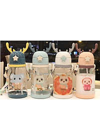 Bình Nước Thể Thao Có Ống Hút 600ml Hình Gạc Nai Hươu Dễ Thương Nhiều Màu Sắc Cho Bé - Hàng Loại 1 - Chính Hãng MINIIN