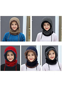 Mũ len nam nữ trùm đầu liền khăn cổ lót nỉ ấm áp mùa đông chống gió lạnh - mu len nam nu lot ni trum co