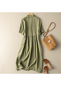 Đầm Nữ Linen Cổ Đức Nhún Eo, Đầm Sơ Mi Nữ Dáng Dài đầm thiết kế Da162
