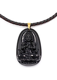 [Tuổi Mùi, Thân] Dây Chuyền Mặt Phật Đại Nhật Như Lai Thạch Anh Đen 5cm + Dây Da - Mặt Size Lớn - Tặng Kèm Móc Inox - May Mắn - Bình An