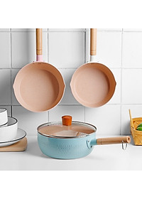 Chảo Chống Dính Sâu Lòng Đáy Từ Vân Tổ Ong Size 18cm Có Tay Cầm Gỗ-Nồi Nấu Mì Màu Pastel Lúa Mạch- Hàng Loại 1 Chính Hãng MINIIN