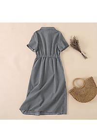 Đầm suông kẻ sọc cổ sơ mi Linen kèm đai thắt eo, chất vải linen tự nhiên, thời trang phong cách Hàn Da73