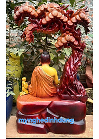 TƯỢNG PHẬT THÍCH CA NGỒI GỐC CÂY TÙNG BẰNG GỖ HƯƠNG ĐÁ TÔ LÀM MẦU GIẢ CỔ KT 50×31×15CM