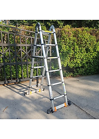 Thang nhôm rút đôi, có bánh xe di chuyển tiện lợi, thanh giằn khóa và thân thang an toàn, chiều cao từ 3,8m - 8m