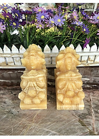 Cặp Tỳ Hưu phong thủy với đôi mắt đỏ đá ngọc hoàng long có đế - Dài 15 cm