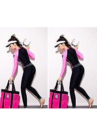 Set Đồ Bơi Ba Chi Tiết Đồ Bơi Nữ Tay Dài Quần Dài Màu Hồng Đen Chủ Đạo AT205 MayHomes Black-Pink Colored Long Sleeves And Long Pants Women Swimwear Set, UPF 50 Sun Protection