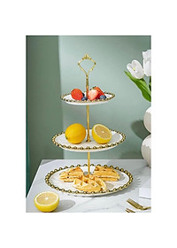 KHAY ĐỰNG BÁNH KẸO HOA QUẢ BẰNG SỨ 3 TẦNG VIỀN VÀNG CAO CẤP SANG TRỌNG