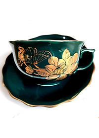 Bộ ấm chén Bát Tràng cao cấp phú quý Mallard màu xanh Arctic họa tiết hoa sen vẽ vàng 24k 