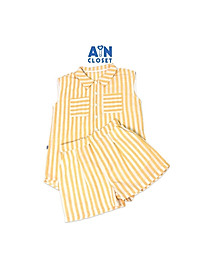 Bộ quần áo ngắn cho mẹ họa tiết Kẻ vàng trắng cổ sơ mi linen cotton - AICDMEXU7K6V - AIN Closet