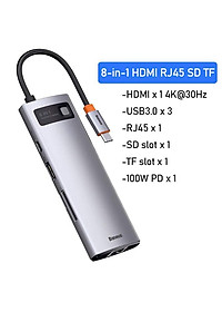 Hub chuyển đổi đa năng 8 trong 1 Baseus CAHUB-CV0G ( Type-C to HDMI/ USB3.0/ LAN / SD Card Reader/ Type C PD 100W, Multifunctional HUB) - HÀNG CHÍNH HÃNG