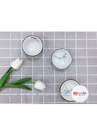 Bộ bát đĩa men kem Bát Tràng cao cấp vẽ đào xanh