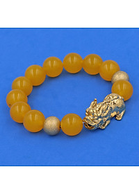 Vòng chuỗi đeo tay đá thạch anh vàng 14 ly ( size lớn ) charm tỳ hưu và bi inox vàng, vòng tay chuỗi hạt