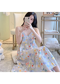 Váy 2 dây cho nữ mặc nhà vải lanh mềm mát, dáng xòe, nhiều họa tiết, freesize từ 45 đến 75 kg