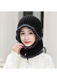 Mũ len nữ trùm đầu liền khăn choàng cổ lót lông ấm áp thích hợp cả nam và nữ