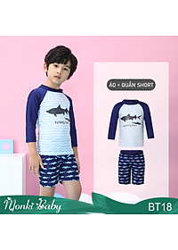 Bộ đồ bơi bé trai dài tay cá mập, vải bơi co giãn 4 chiều, có mũ bơi | BT18