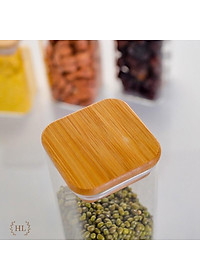 Hũ Thủy Tinh Vuông Nắp Gỗ Tre Kín Hơi Đựng Thực Phẩm, Gia Vị Tiện Dụng