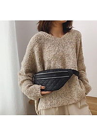 Túi Đeo Chéo Bao Tử Da Hàn Quốc Nữ Thêu Chỉ Nổi Hình Quả Trám Đen