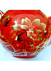 Bộ ấm chén Bát Tràng cao cấp mẫu đơn đỏ vẽ sen vàng