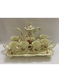 Bộ bình trà sứ phong cách hoàng gia cổ điển màu trắng ngà họa tiết hoa cúc - ANTH603