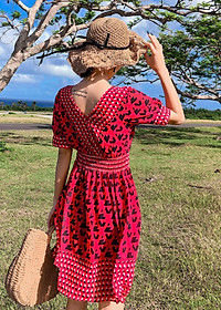 Váy maxi lửng dáng xòe, họa tiết thổ cẩm nổi bật, chất dày đẹp, đầm nữ vintage cổ chữ V, váy đi biển, du lịch đẹp | MX012