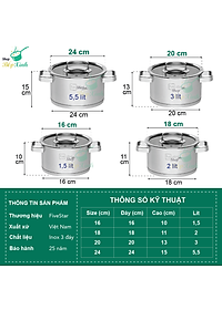 Bộ nồi inox 304 bếp từ 3 đáy và xửng hấp inox 24cm Fivestar nắp kính tặng 1 SẠN INOX