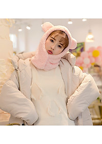 Mũ len lông cừu liền khăn cổ tai gấu dễ thương ấm áp mùa đông thích hợp cho bạn gái