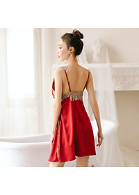 Q79 Váy ngủ lụa hai dây phối ren ngực xẻ tà cao cấp - Đầm ngủ nữ 2 dây quyến rũ - Đồ ngủ nữ sexy - Váy ngủ nữ gợi cảm