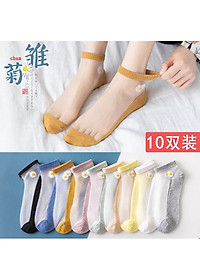 Combo 10 đôi Tất Lưới Hoa Cúc kèm túi - Túi 10 Đôi Tất Nữ Cổ Ngắn Sang Chảnh có sẵn