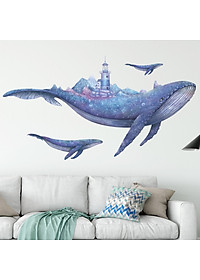Sticker Giấy Dán Tường Decal Dán tường Tranh Dán Tường Trang Trí Tường Mẫu Cá Voi Xanh có ngọn Hải Đăng ZH-1011