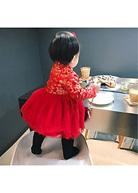 Váy gấm đỏ lót lông bé gái, chất dày dặn đẹp, họa tiết thêu nổi sang chảnh, lông lót mềm ấm, dáng bồng công chúa, có thể mặc sinh nhật, sự kiện, lễ Tết hay mẫu ảnh | MV04