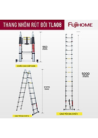 Thang nhôm rút gọn chữ A  FUJIHOME TLA08 ( Chiều cao chữ A  2,5m - Cao chữ I 5m, Khóa an toàn, đế chống trượt) Hàng Chính hãng