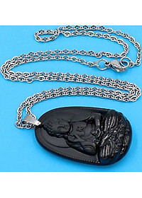 Vòng cổ mặt Phật A Di Đà - thạch anh đen 3.6cm DITTEB7 - dây inox bạc - kèm hộp nhung - tuổi Tuất, Hợi