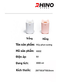 Máy phun sương tạo ẩm cỡ lớn Rhino H802 3000ml, 2 lõi phun, tích hợp đèn 7 màu, dung tích lớn cho không gian rộng - Hàng chính hãng