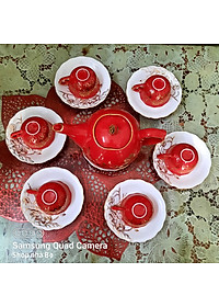 Bộ ấm chén Bát Tràng cao cấp mẫu đơn đỏ vẽ sen vàng