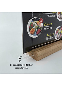 Kệ mica 2 mặt Enter E42 150x210mm đế gỗ A5 đứng, Kệ menu nhà hàng, Standee mica để bàn, Bảng quét mã QR Code