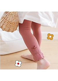 Quần tất len không bàn - quần leggings đính nơ trơn màu cho bé gái, co giãn 4 chiều size từ 1 đến 12 tuổi