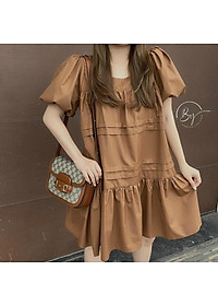 Đầm suông babydoll cổ vuông nhún tầng tay phồng xinh xắn