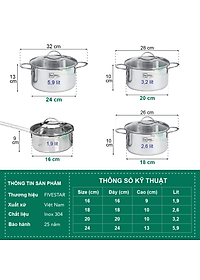 Bộ nồi chảo quánh inox FiveStar Plus 5 chiếc 3 lớp đáy liền inox 304 nắp kính, bảo hành 25 năm