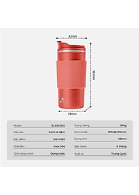 Ly giữ nhiệt inox 304 Elmich EL8345 480ml, Hàng chính hãng, lớp silicone chống trượt - JoyMall
