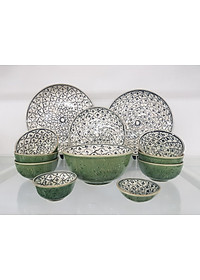 Bộ Chén Dĩa 12 Sản Phẩm Màu Men Ngọc Họa Tiết Gốm Sứ Bát Tràng